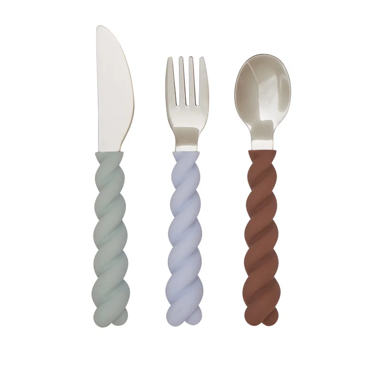 OYOY - Mellow Kinderbesteck, pale mint / choco / iceblue (3er-Set)