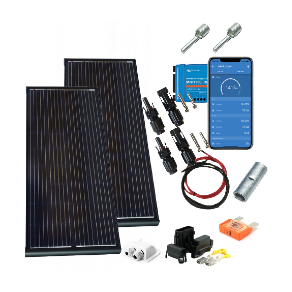 SKANBATT 2x 158x68,5 - 400w AERO 2x200W Black komplett kit med VICTRON BT MPPT