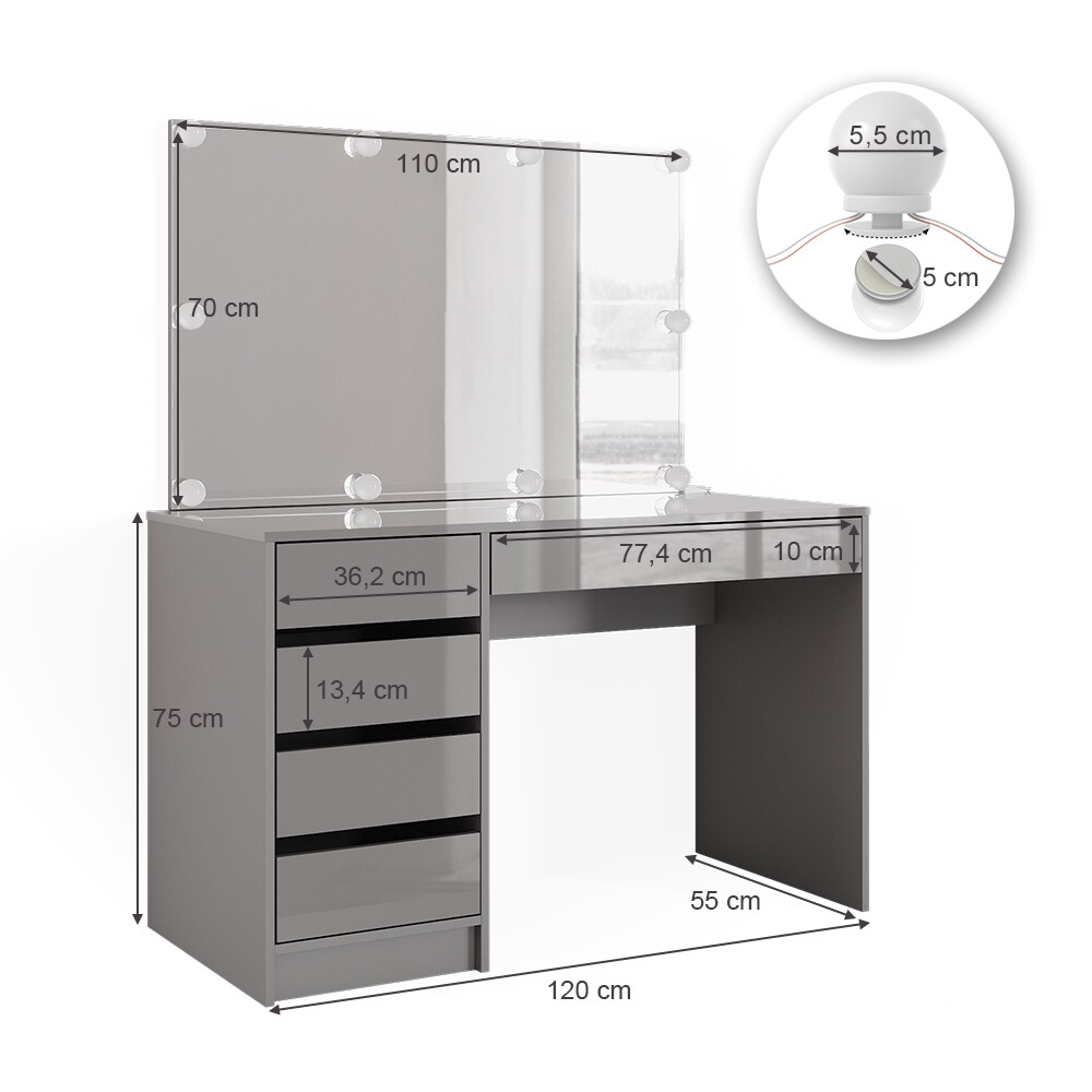 Vicco Schminktisch Frisiertisch Frisierkommode Sherry Grau Schminkspiegel LED 120x75 cm modern Schlafzimmer Kommode Schublade Ablage Aufbewahrung Kosmetiktisch Make-Up-Tisch Hochglanz