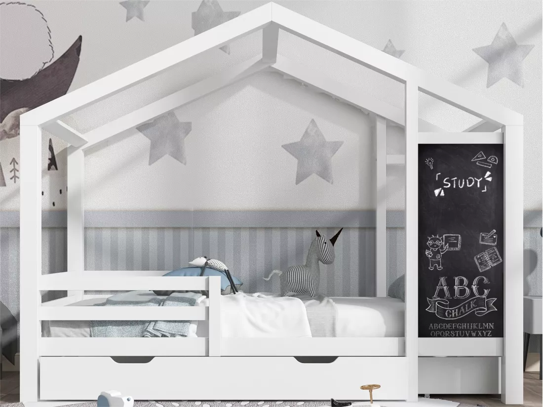 Lit cabane 90x200cm - en bois massif - avec un tableau noir et 2 tiroirs - Blanc