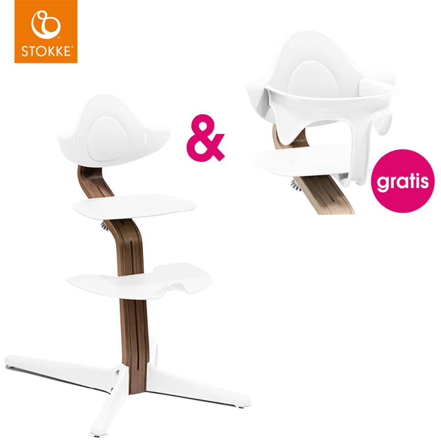 STOKKE® Nomi® Hochstuhl Walnuss  weiß + gratis Baby Set weiß