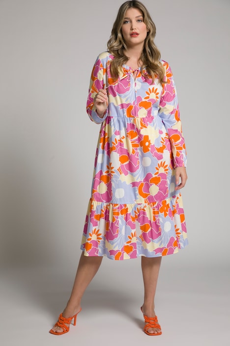 Midikleid, Vintage-Blüten, Tunika-Ausschnitt, Langarm
