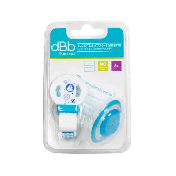 Chupeta de silicone fisiológica dBb Remond para 2ª idade + prendedor de chupeta azul