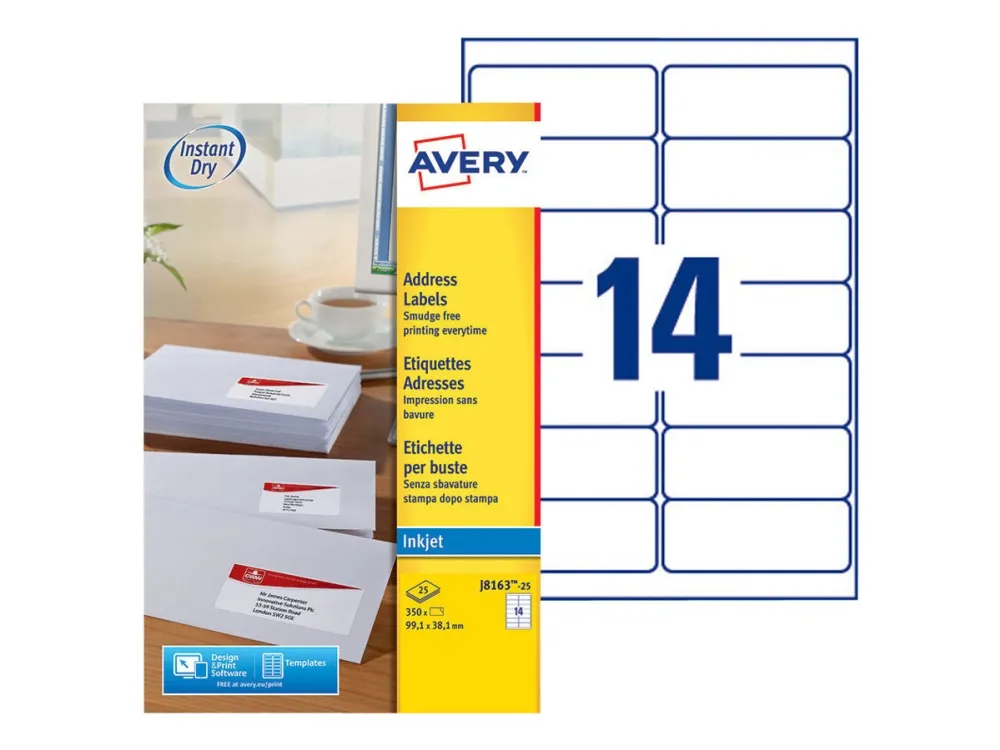 Etiketter Avery 99.1x38.1 mm hvid med QuickDRY™ - (25 ark x 14 stk.)