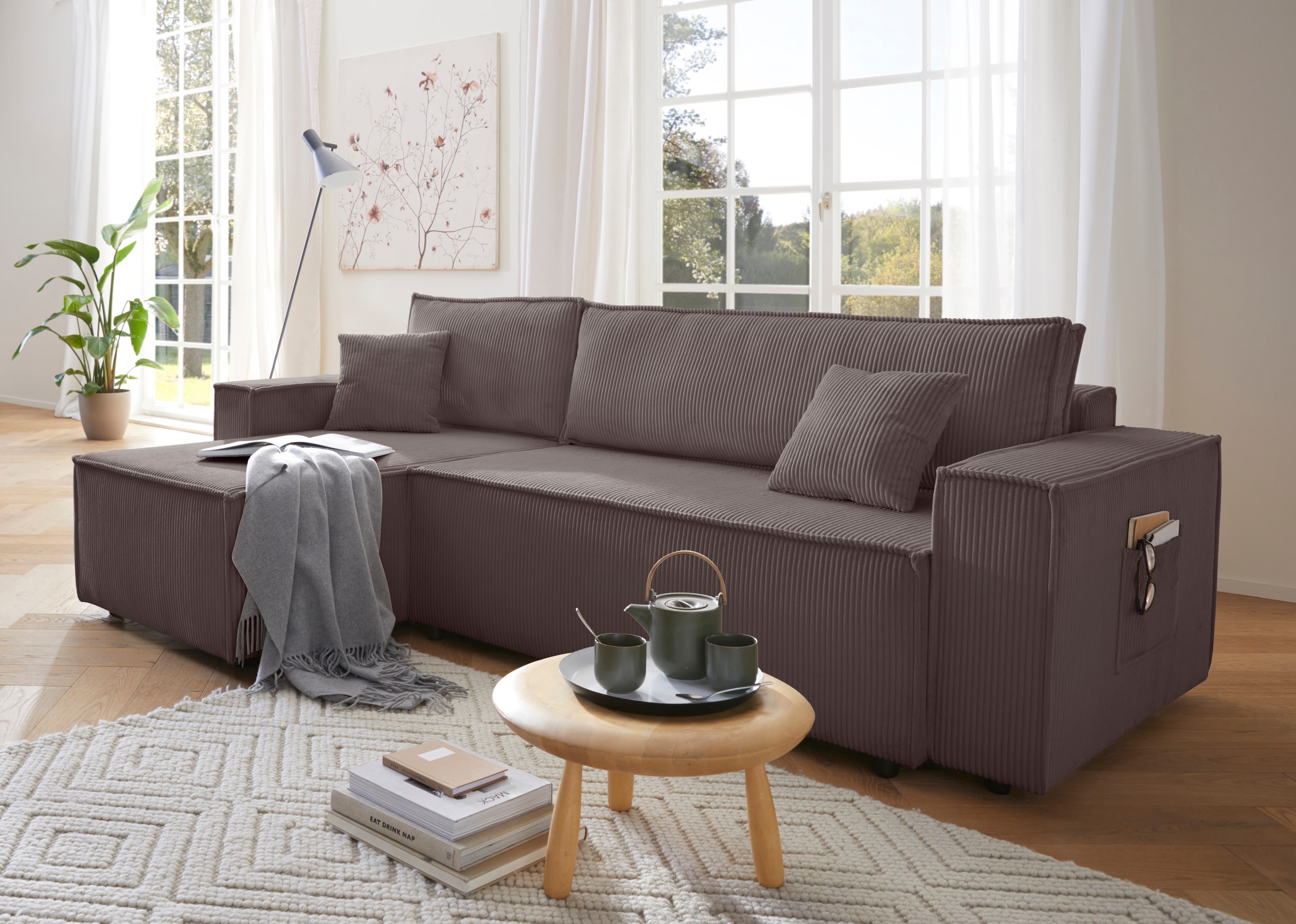 GOODproduct Ecksofa »CASSI, 241cm, L-Form, Schlafsofa, Bettkasten, Boxspringfederung, Cord« Schlaffunktion (133/200) ,Bettkasten, Recamiere links/rechts, Cord