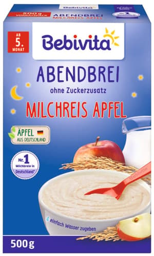 Bebivita Milchbreie ohne Zuckerzusatz Abendbrei Milchreis mit Apfel