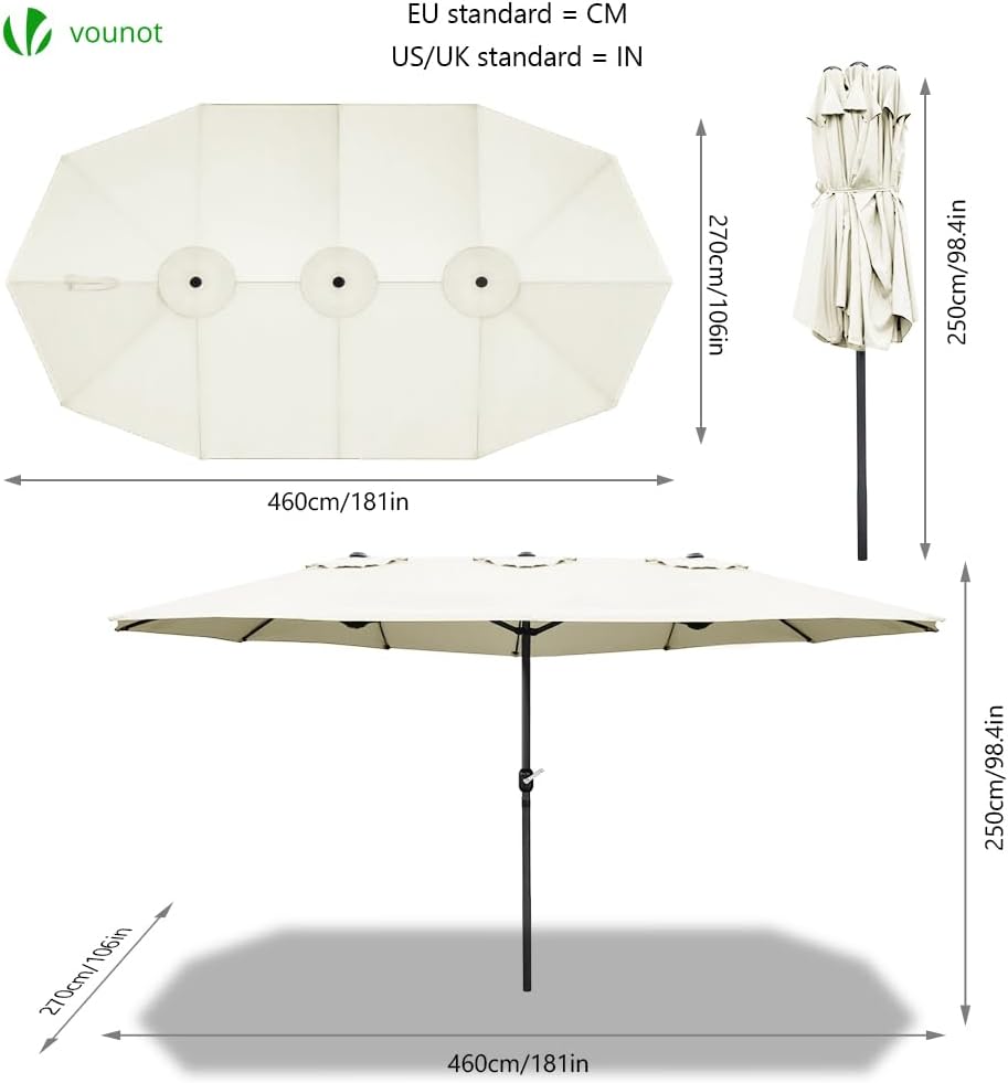 VOUNOT Doppelsonnenschirm mit Handkurbel, Sonnenschirm Marktschirm Gartenschirm Terrassenschirm, Sonnenschutz, 460 x 270 cm, Beige