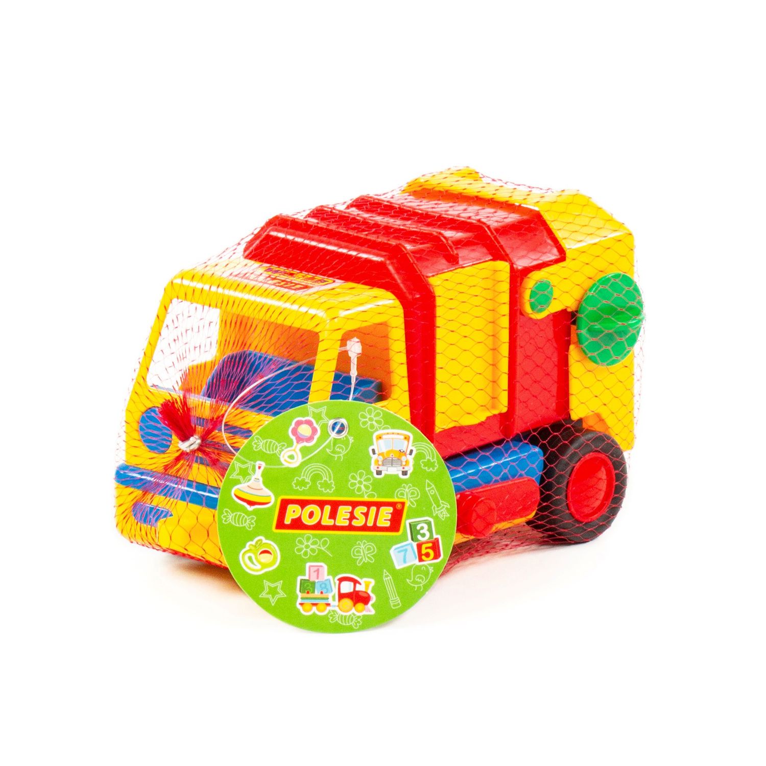 Polesie Spielzeug Müllwagen 9609, Mülltonne, Anhängerkupplung, Aufbau kippbar gelb