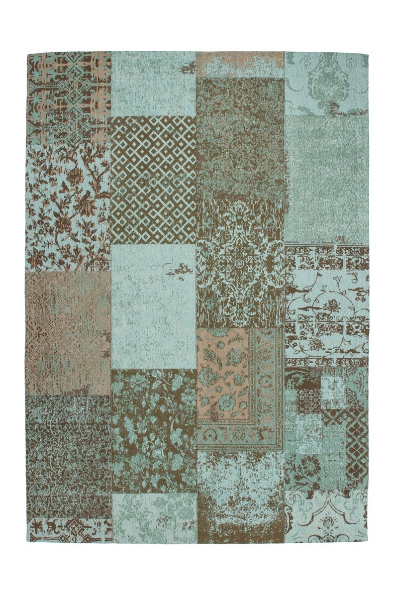 Platgeweven vloerkleed Allura turquoise katoen retro design, patchwork dessin handgeweven, jacquard, chenille 80 x 150 cm