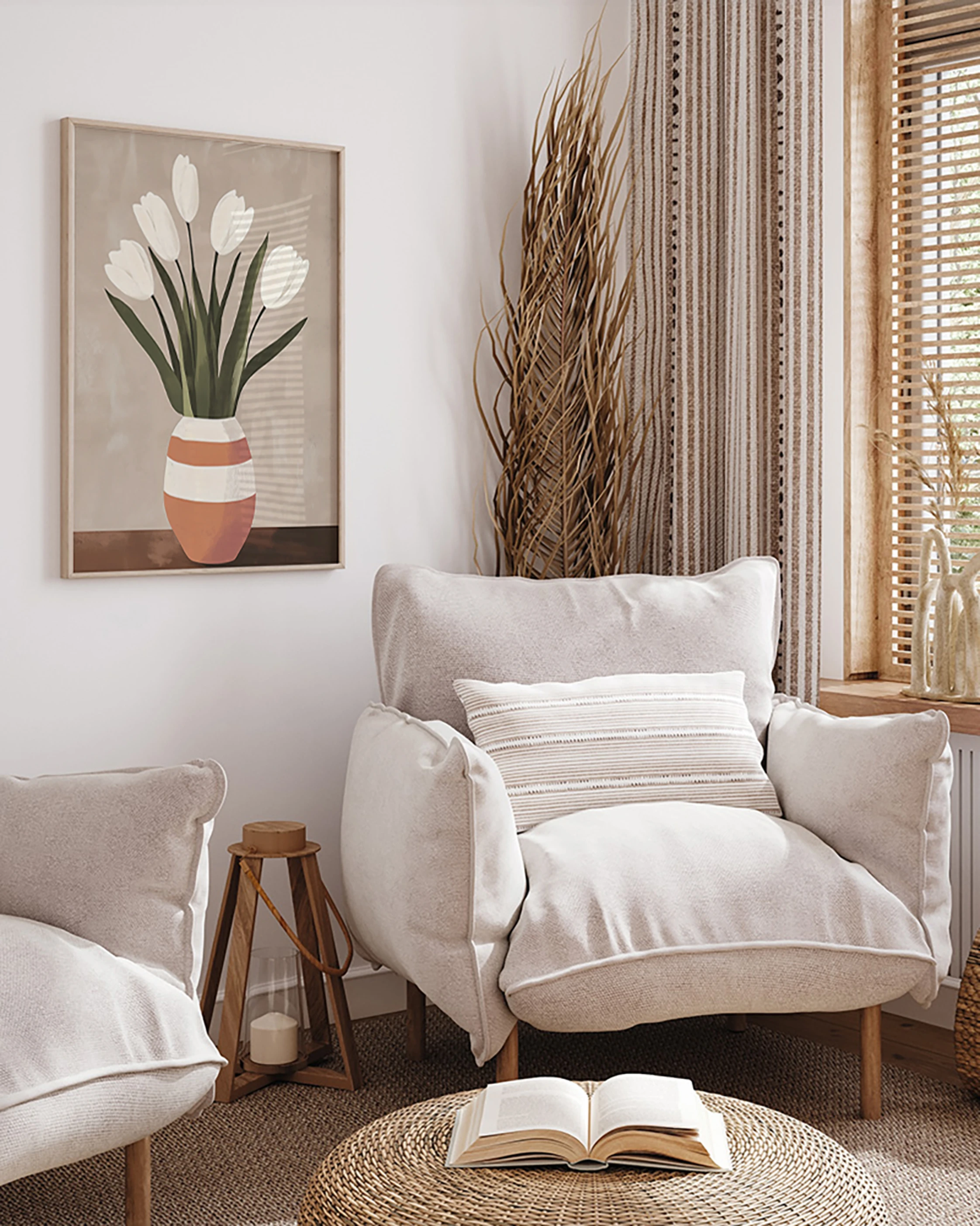 ANY IMAGE Wandbild WEIßE TULPEN BEIGE VASE mit Rahmen