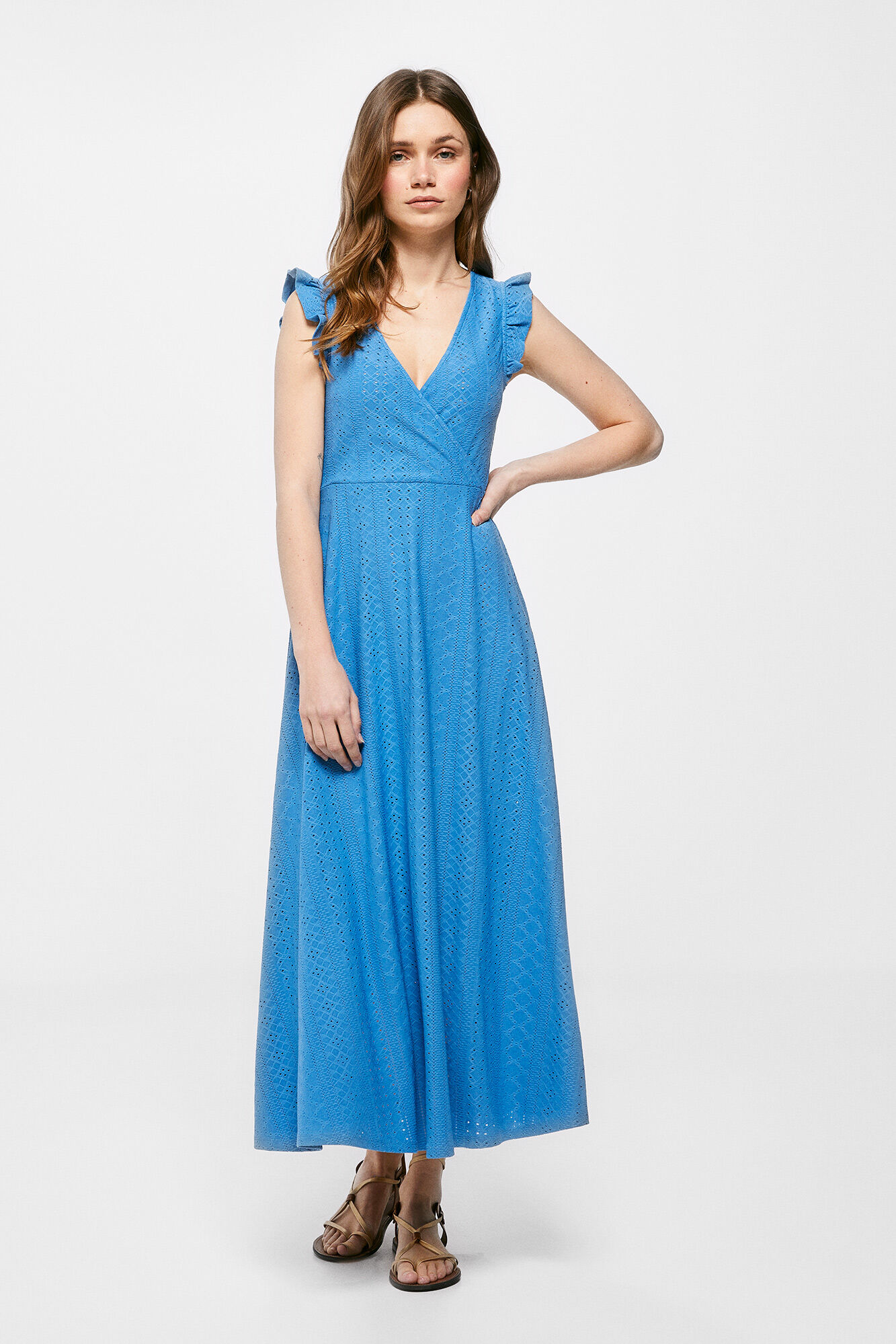 Vestido midi bordado suíço - Azul médio