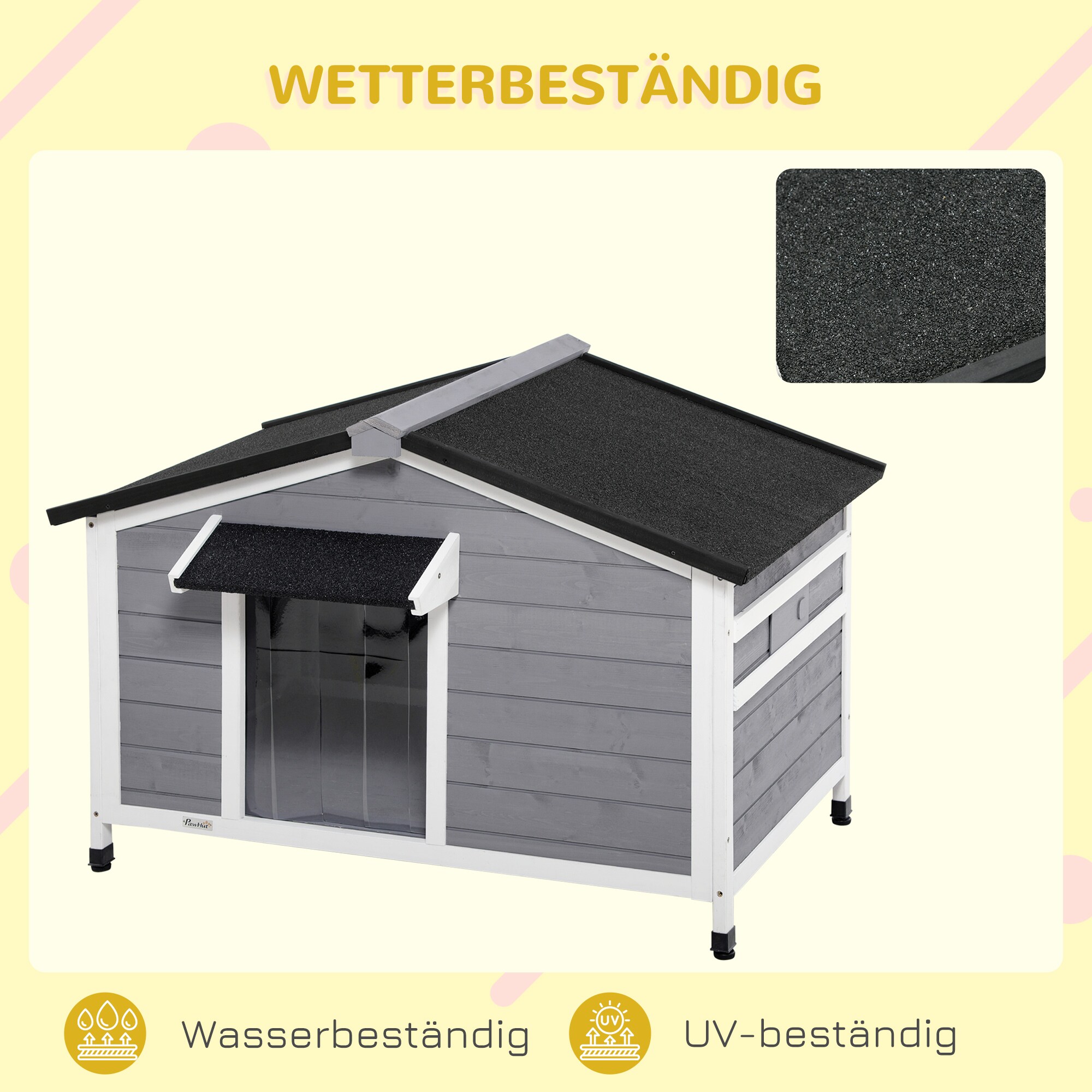 PawHut Hundehütte mit zu öffnendem Asphaltdach grau, weiß 109L x 79B x 72H cm