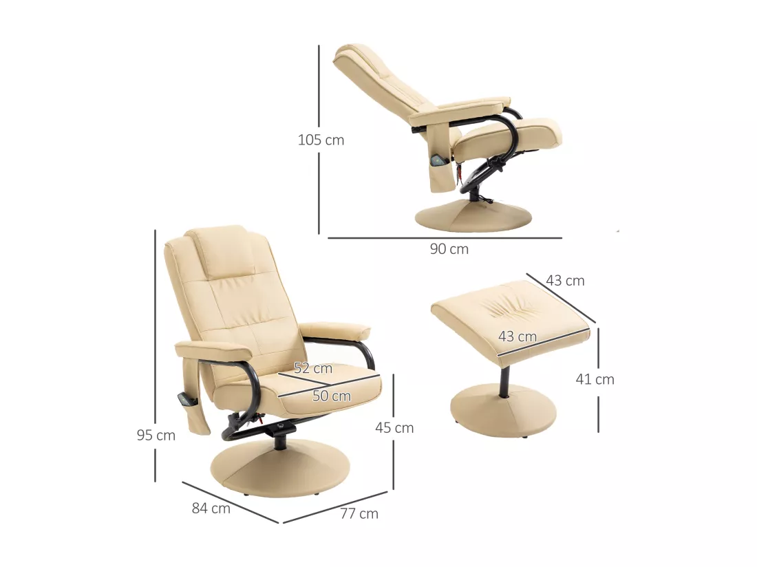 Fauteuil de massage et relaxation électrique pivotant inclinable avec repose-pied revêtement synthétique beige