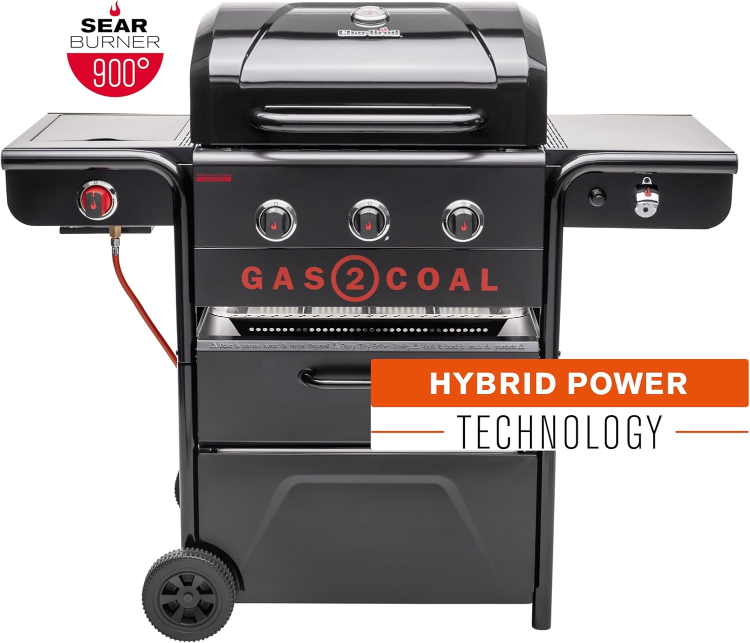 Char-Broil Gas2Coal 2.0 330 Special Edition 3+1-Brenner Hybridgrill, Patentierte Holzkohleschale, 900 °C Sear-Brenner & extra Grillplatte, Schwarz