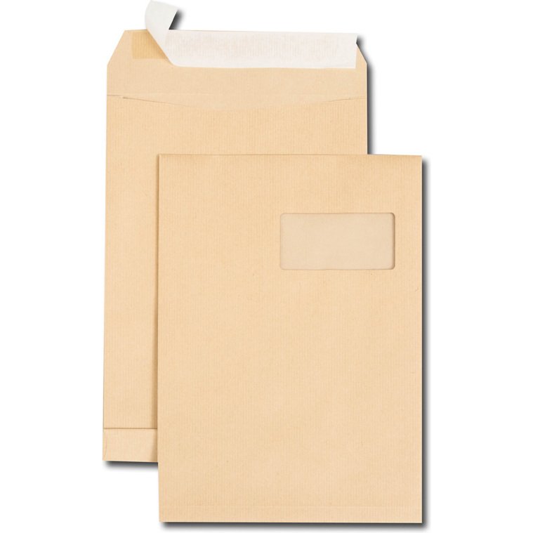 Boite de 250 sacs à soufflets kraft brun C4 229x324 120 g/m² fenêtre 100x50 (25/52) bande de protection