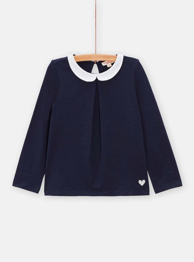T-shirt bleu marine à col claudine pour fille