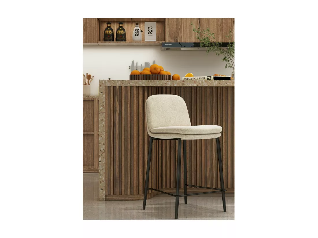 NOLAN-Chaise de bar en tissu Bouclé Lin et métal noir (x2)