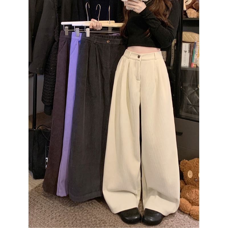 Flowerisque - Hoge taille effen corduroy broek met wijde pijpen