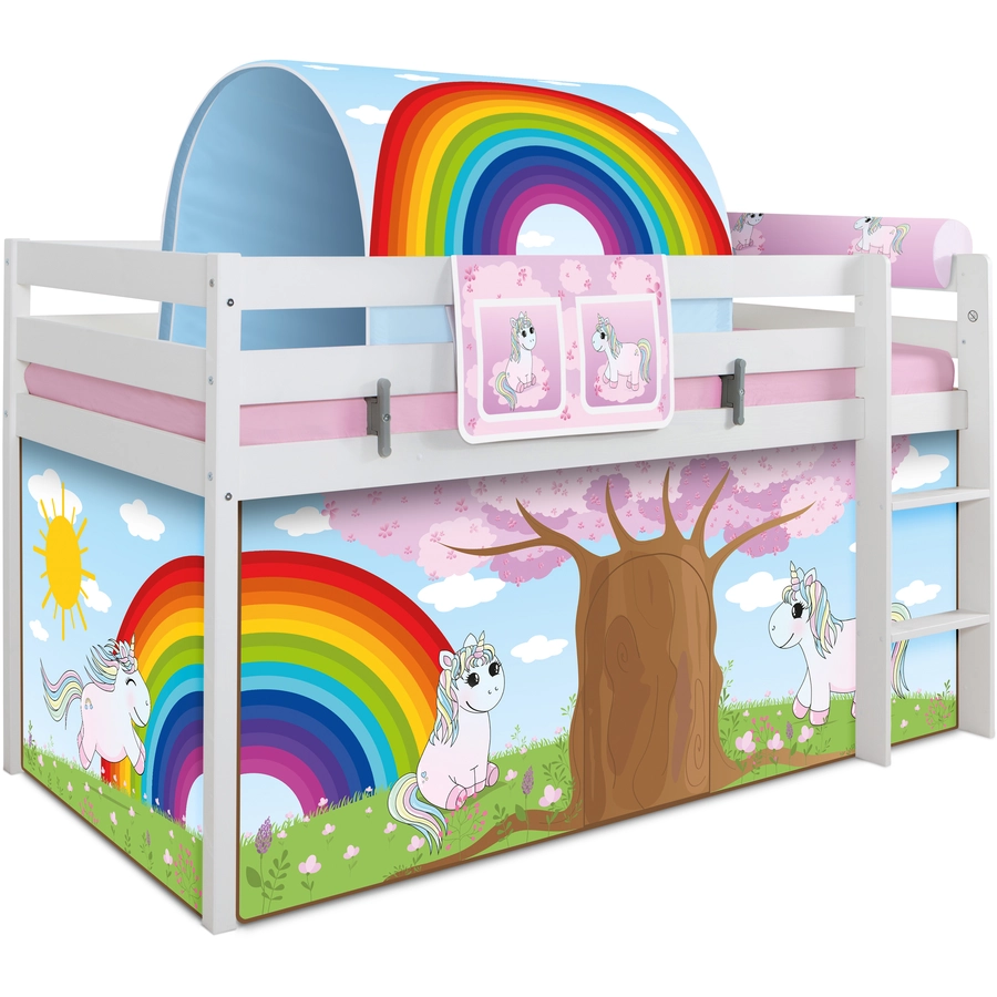 TICAA Hochbett Einhorn Rainbow inkl. Zubehör Kiefer weiß Weiß