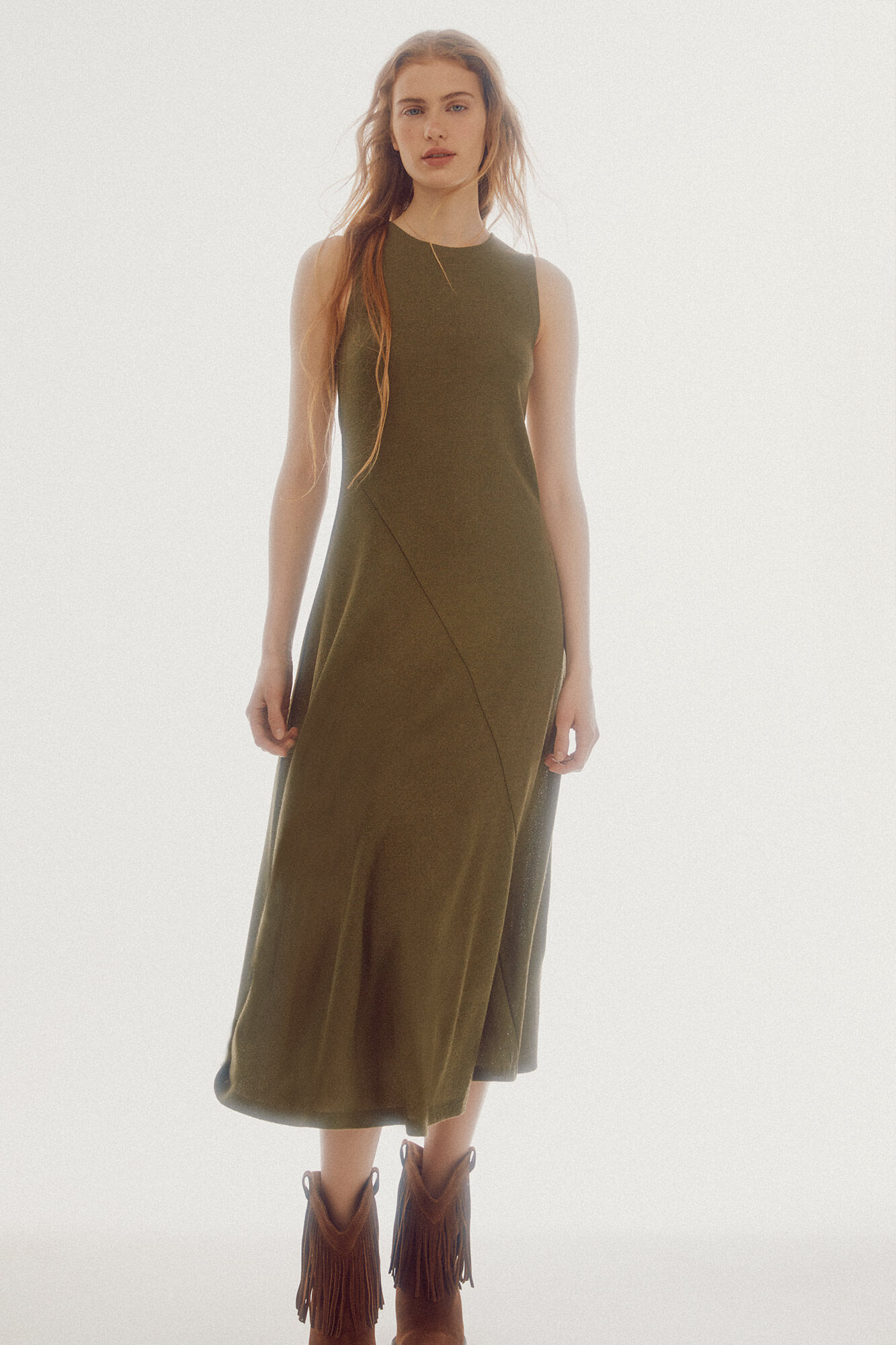 Vestido midi de malha - Cáqui