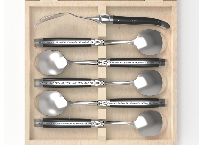 Service de 6 grandes cuillères Laguiole avec un manche en bois d'ébène et mitres en acier inoxydable