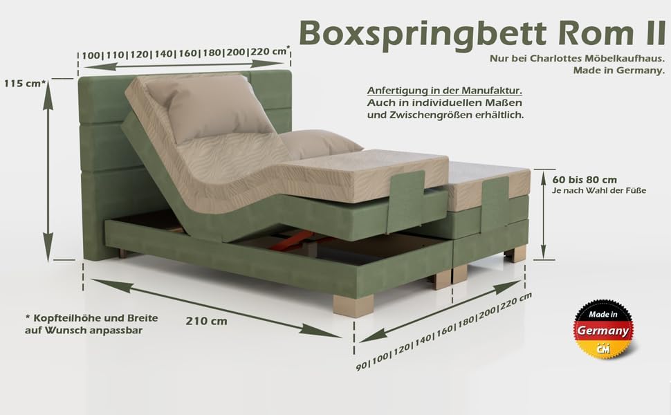 Boxspringbett Rom II 120x200 cm elektrisch verstellbar mit Motor, inkl. Tonnentaschenfederkernmatratze und Topper Härtegrad H2 / H3 / H4. Verstellbares Kopfteil & Fußteil