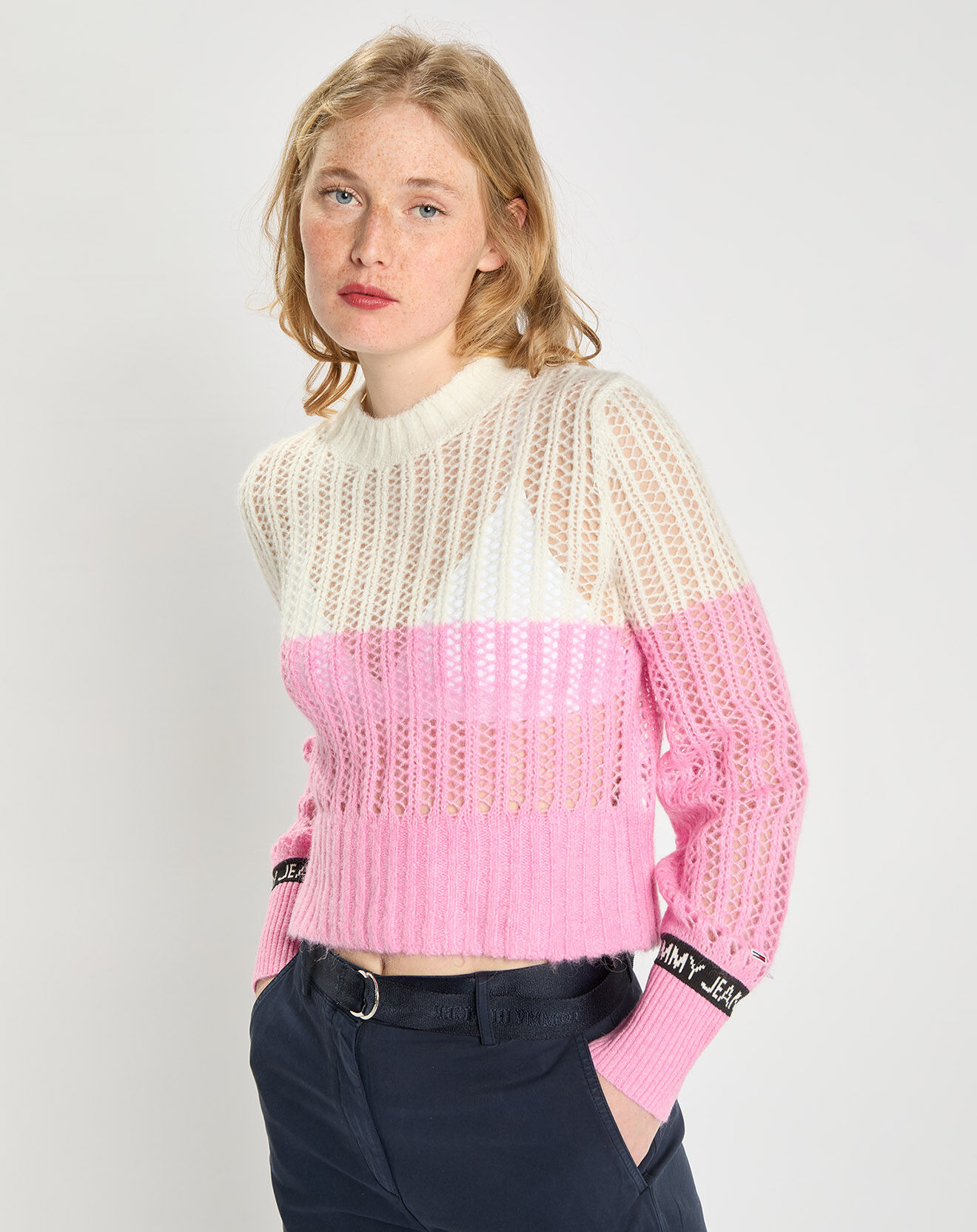 Tommy Jeans Pull en Laine mélangée lightweight stripe rose/blanc