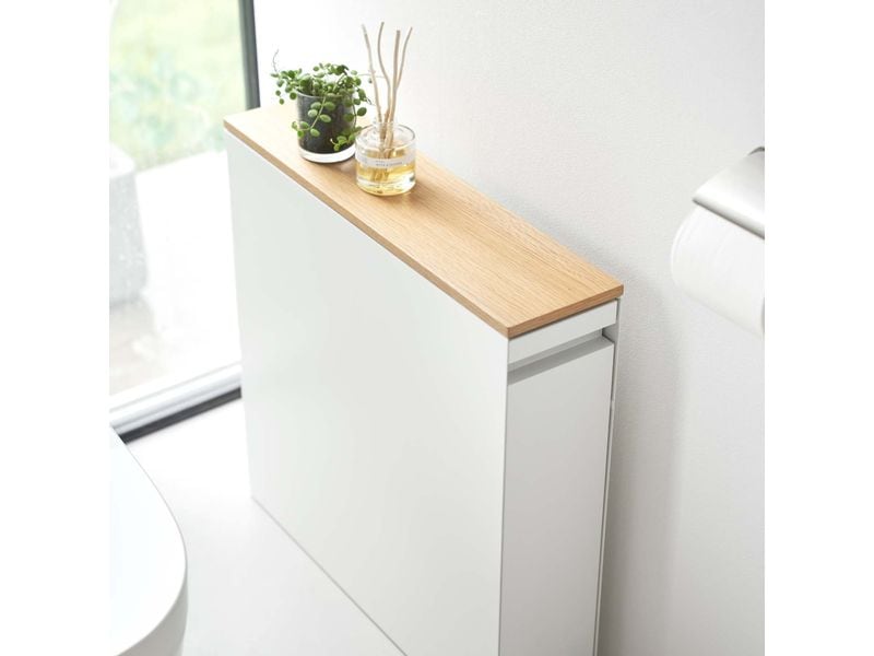 Yamazaki Badezimmerregal Tower 56 x 55 cm, Weiss Auszieh-Regal mit Holzablage