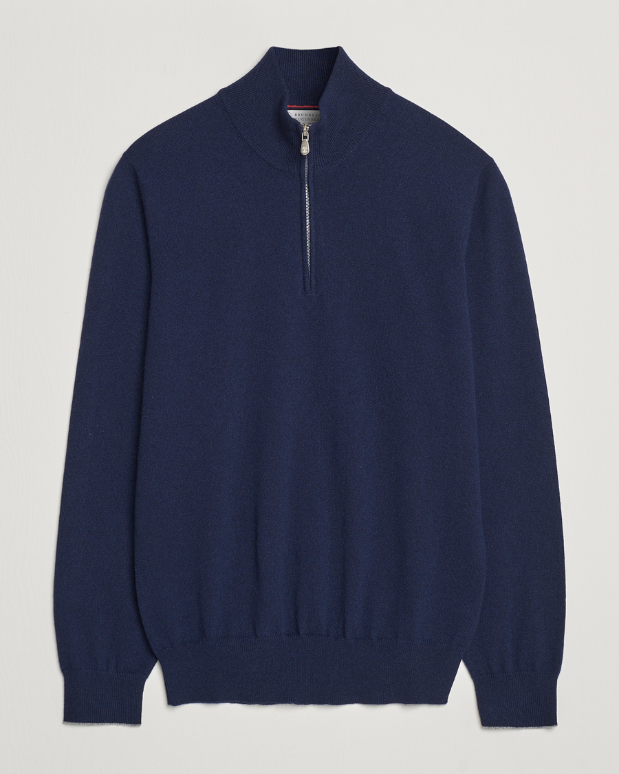 Brunello Cucinelli 2 Ply Cashmere Half Zip Navy
