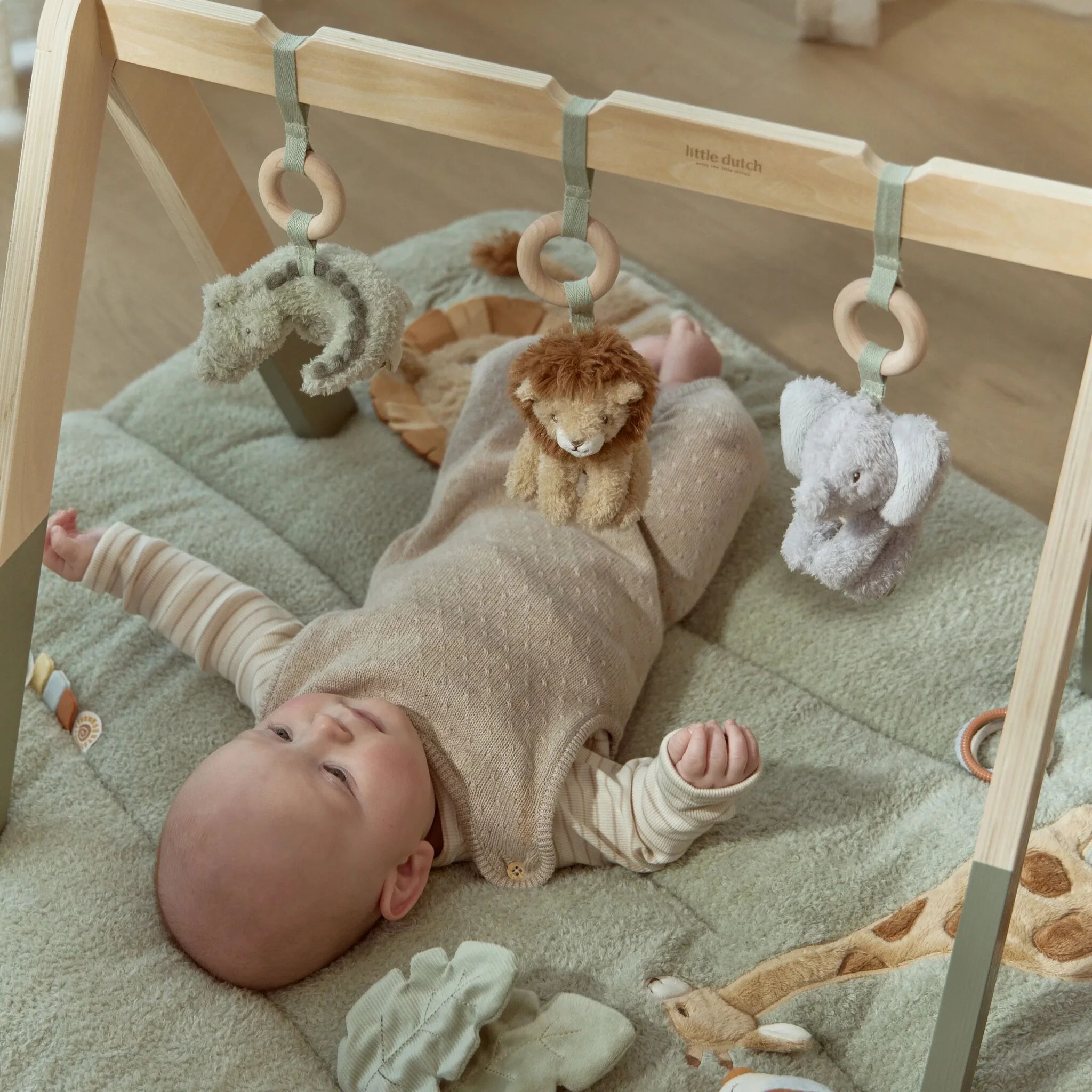 Babygym Safari: Houten Boog met Zachte Knuffels voor Baby’s Ontwikkeling