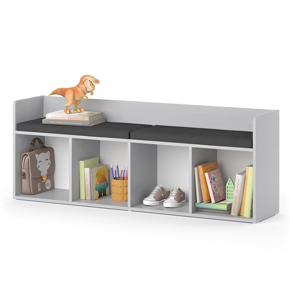 Vicco Sitzbank Kinderzimmerbank Kinderregal Luigi Hellgrau 142x53 cm modern Kinderzimmer Regal Aufbewahrungsregal Bücherregal Lesebank Spielzeugaufbewahrung Organizer Regal-Bank-Kombi 4 Fächer