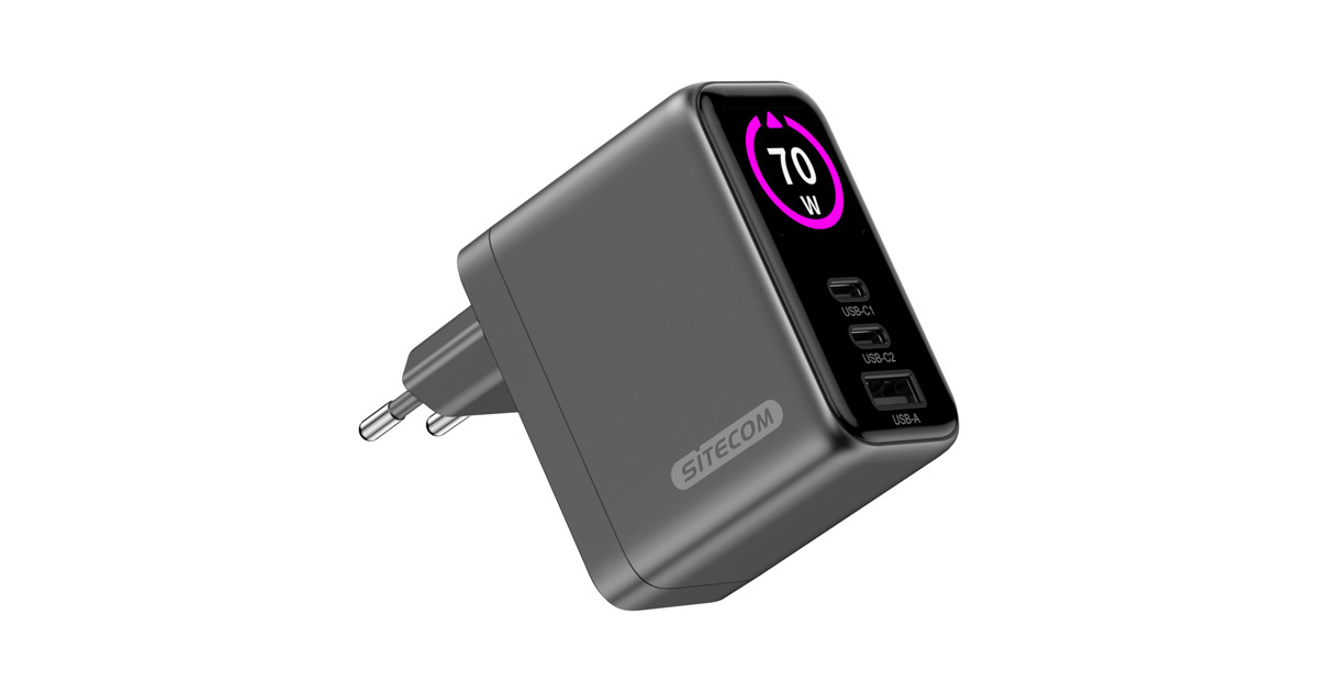 Sitecom70W GaN Power Delivery Wall Charger with full color LED display oplader  (Zwart)