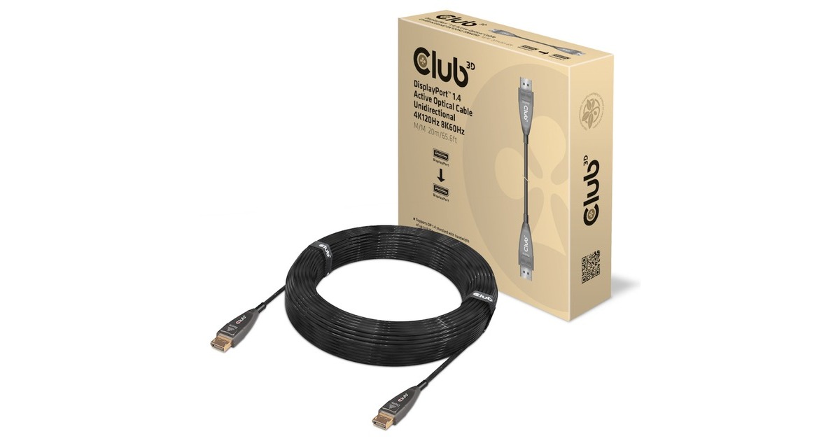 Club 3DDisplayPort 1.4 Active Optical Unidirectional kabel  (Zwart, 20 meter, 4K 120Hz, 8K 60Hz)