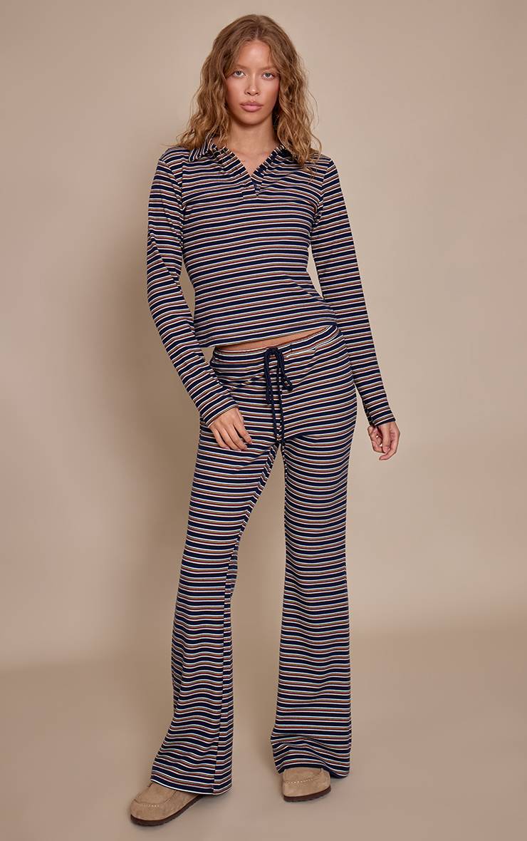 Bleu Marine Pantalon Évasé Ajusté Rayé En Molleton Doux