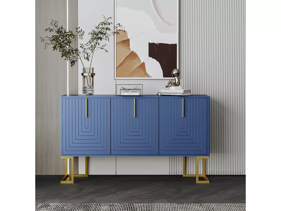 Commode buffet haut avec 3 portes bleu marine motif de forme U H81/B138/T40 CRUUGREN BLUE