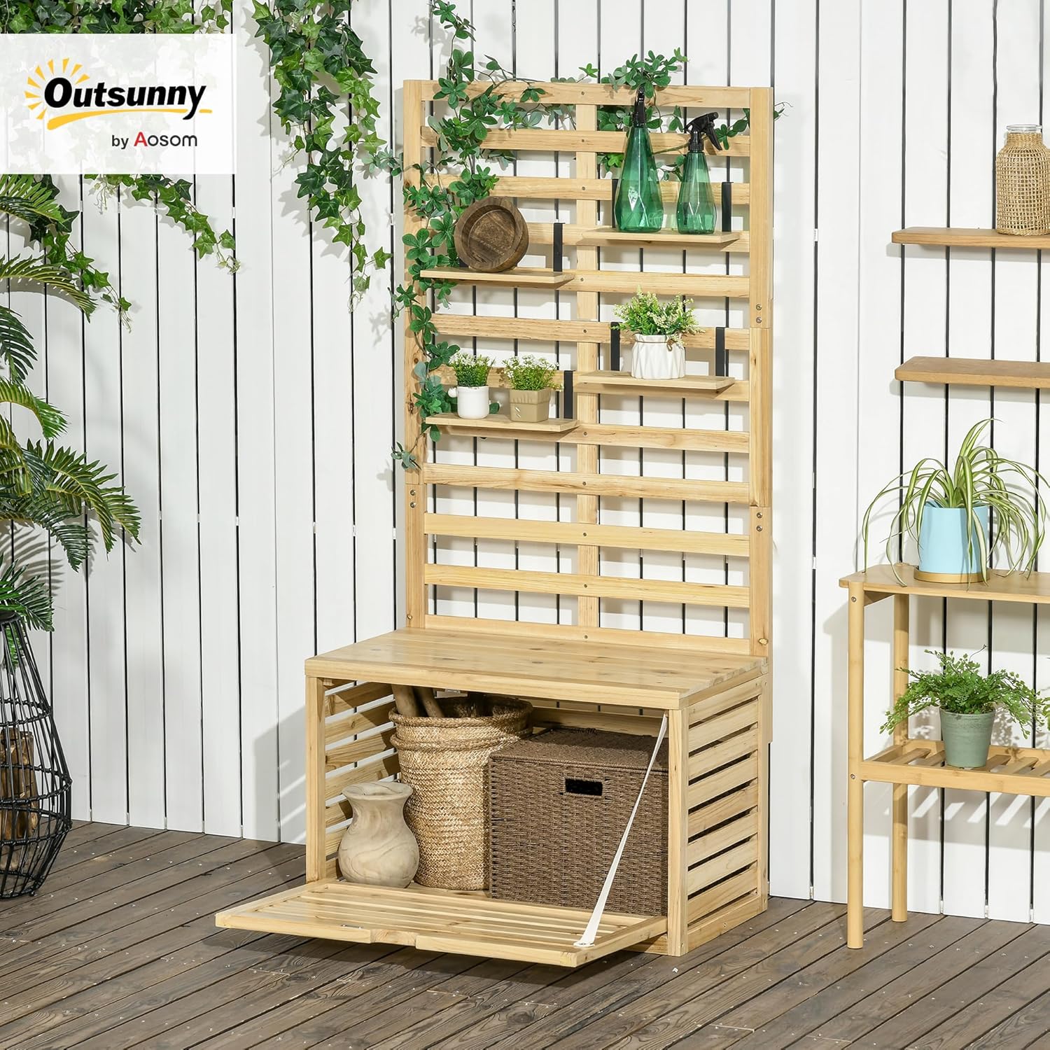 Outsunny Aufbewahrungsbox, Aufbewahrungstruhe mit Rankhilfe, Auflagenbox mit Ablagen, Gartentruhe, Kissenbox, Massivholz, Natur, 80 x 45 x 160 cm