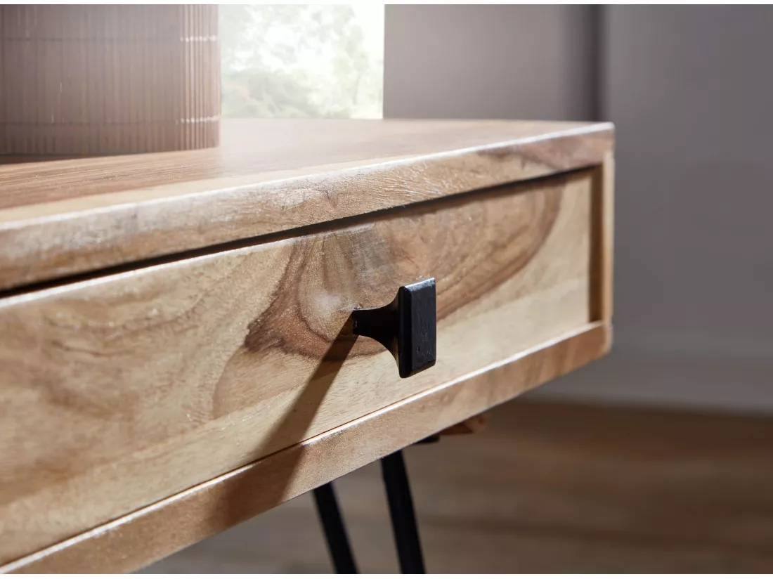 table basse BAGLI en bois massif d'acacia 110 cm de large table de salon design pieds en métal table d'appoint de style campagnard