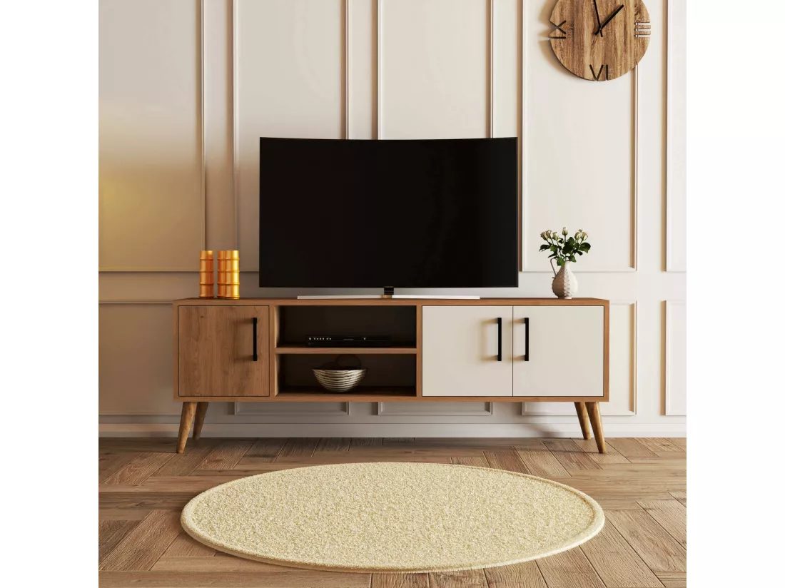 Meuble TV Dditacchi, Buffet de salon, Armoire basse pour TV, Base murale de rangement, 150x34 h52 cm, Chêne et Blanc
