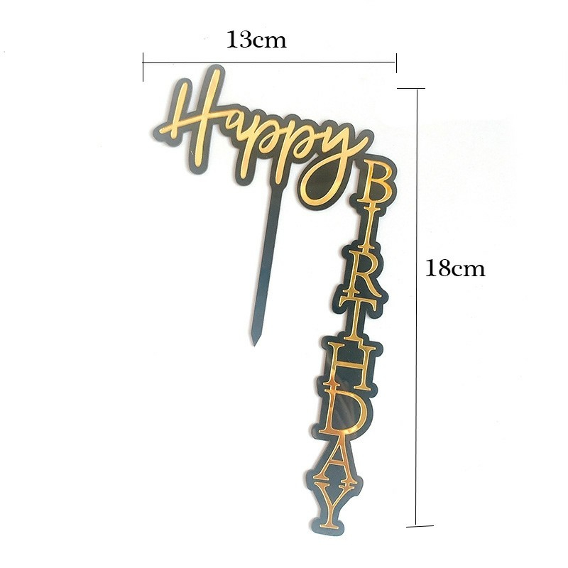 (13x18cm) Kuchenstecker Happy Birthday Vertikaler Tortenstecker Topper Dekoration für Torten / Kuchen - Gold / Schwarz