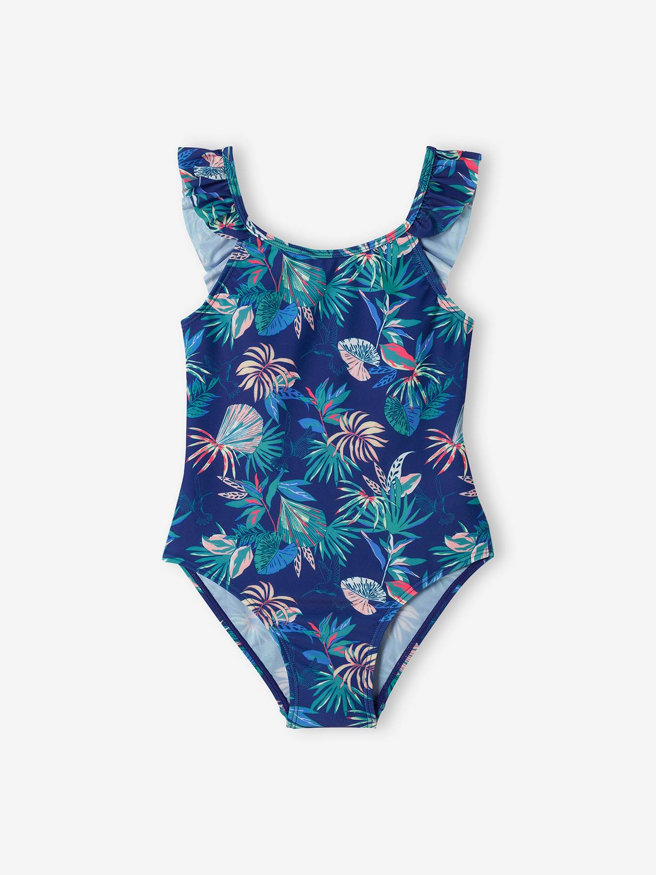 Maiô azul marinho com estampa tropical para meninas