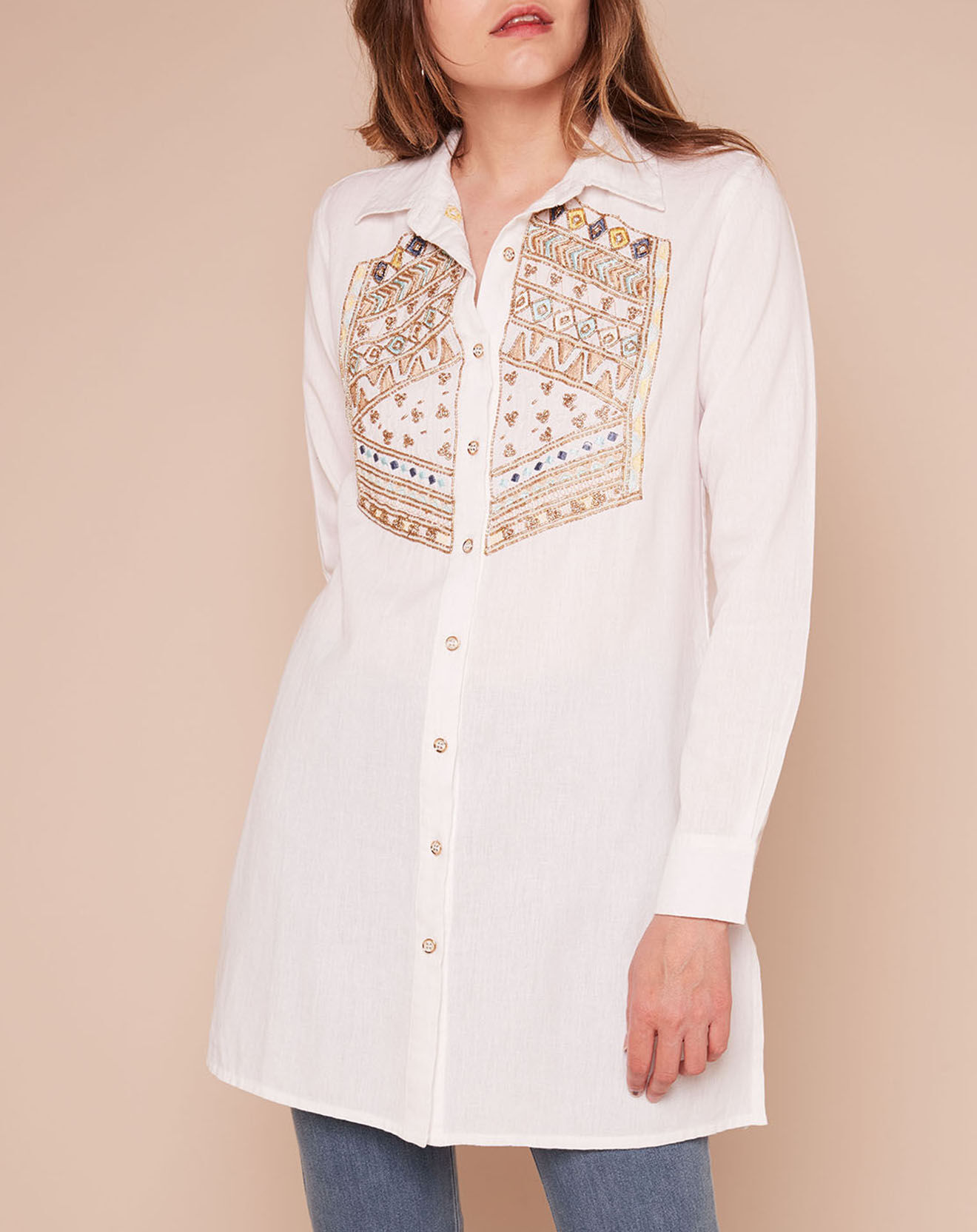 Derhy Chemise longue Mage unie & broderies blanche