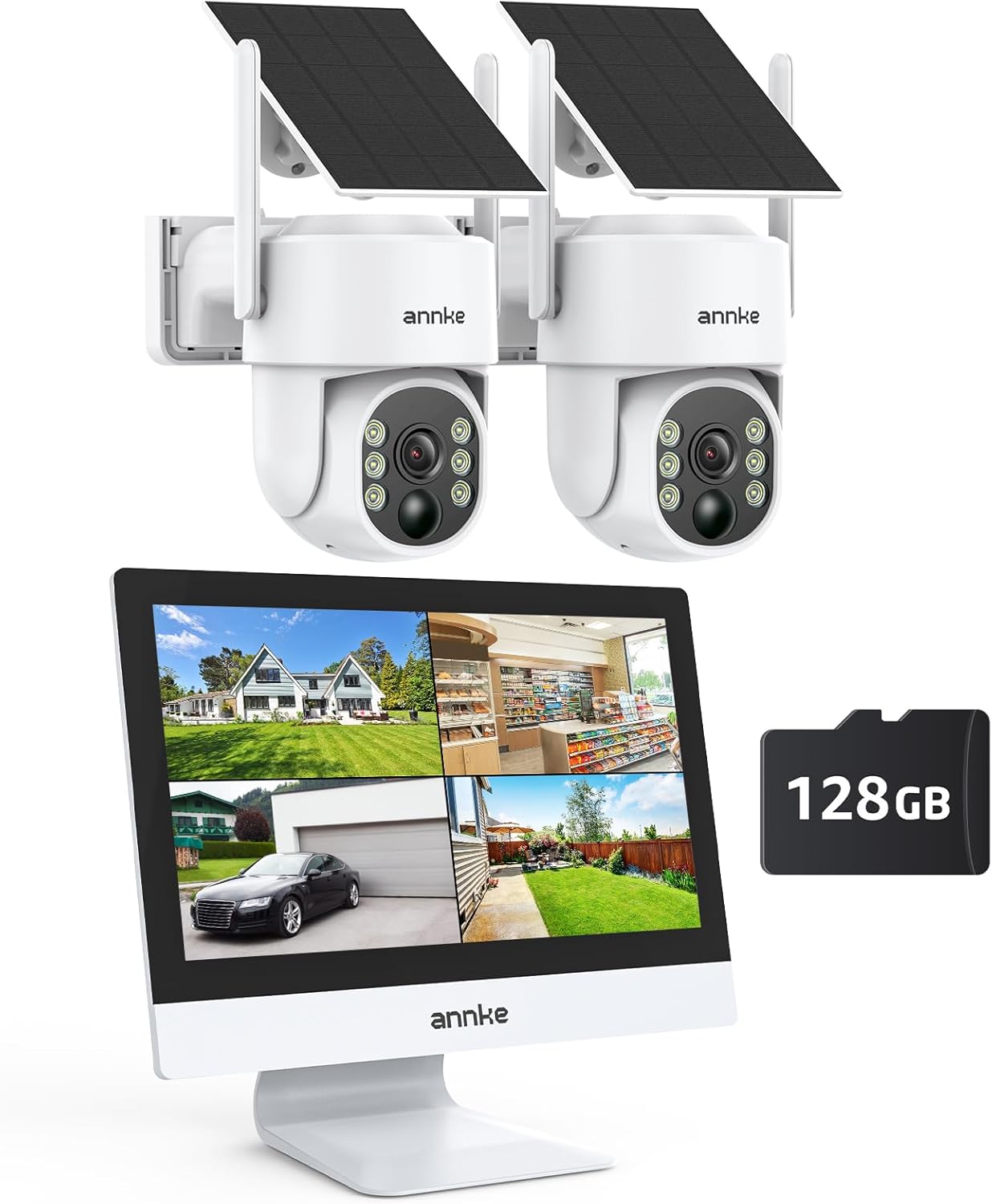 ANNKE 4MP Überwachungskamera Set Aussen WLAN mit 12''Monitor, 10CH 4K Wireless NVR, 2X 4MP PTZ WiFi Kameras mit 2-Wege Audio, Farbe Nachtsicht, Personenerkennung, Spotlight Alarm, 128GB SD Karte