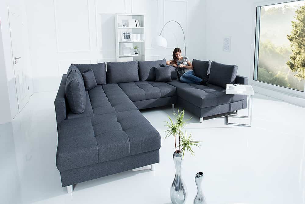 Moderne XXL Wohnlandschaft KENT 305cm anthrazit Federkern Bigsofa inkl. Hocker
