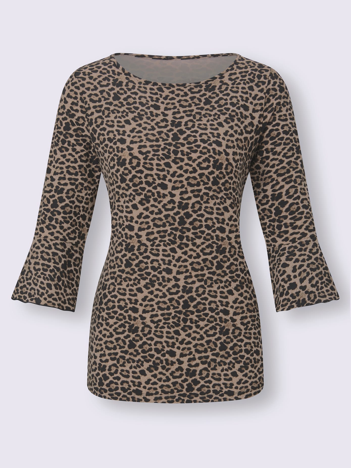 T-shirt femme imprimé félin col rond manches 3/4 volantées