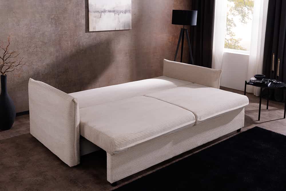 Design Schlafsofa APARTMENT 215cm beige Cord 3-Sitzer Couch inkl. Bettkasten Kissen