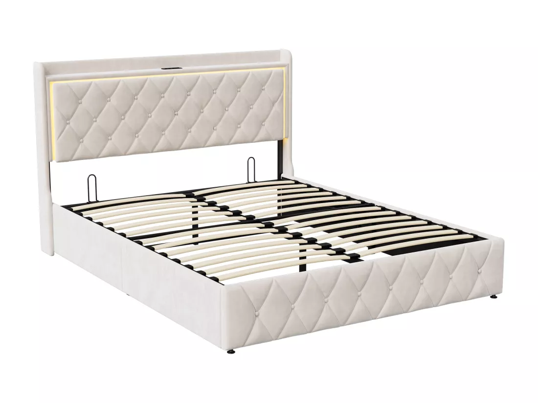 Lit de rangement hydraulique 160*200 cm, lumière LED, fonction de recharge, velours, beige