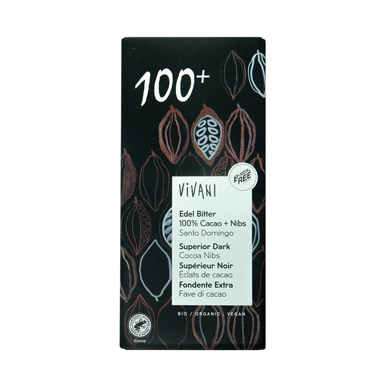Vivani Mørk Sjokolade med kakaonibs 100%
