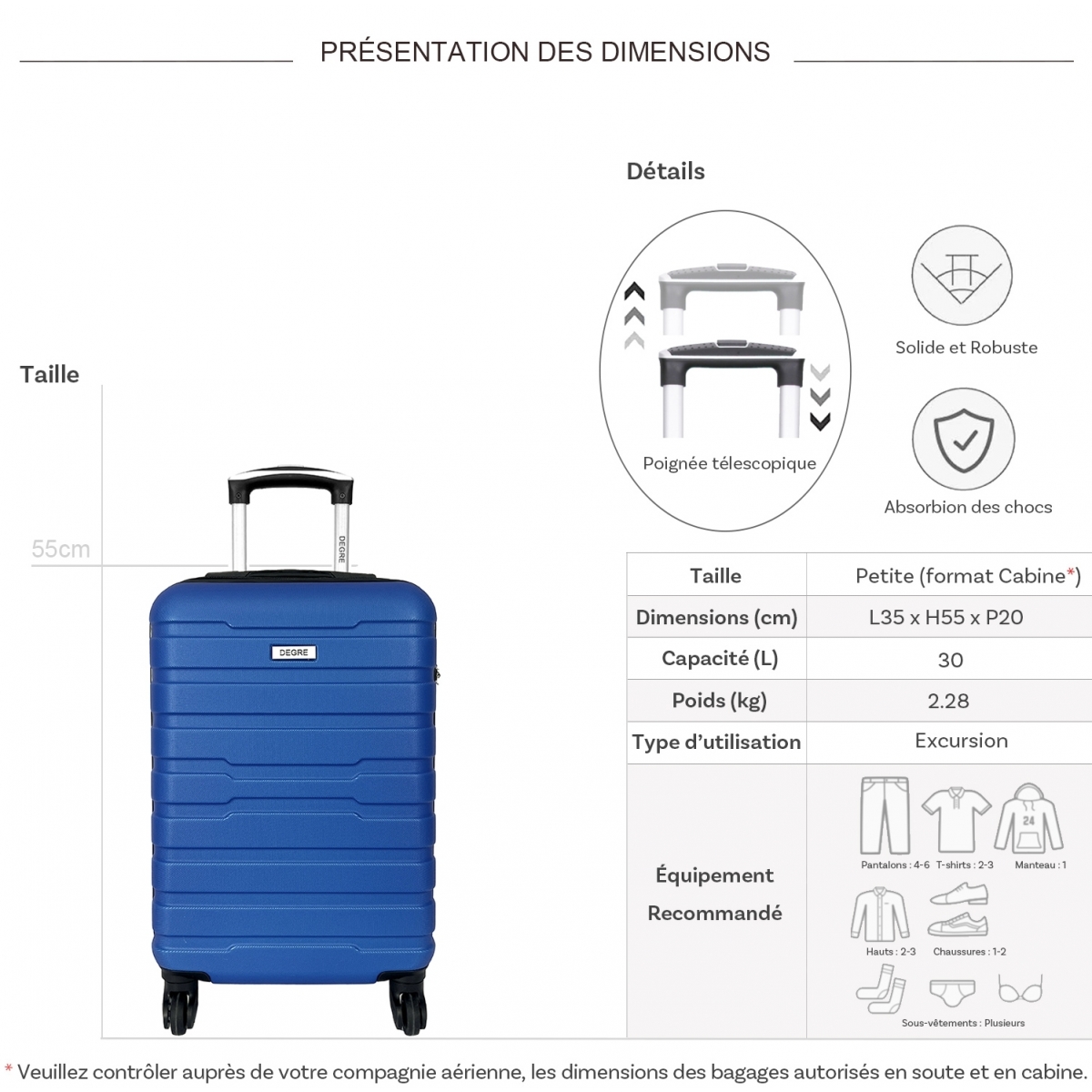 Degré Valise cabine passe-partout rigide Degré ABS 55cm