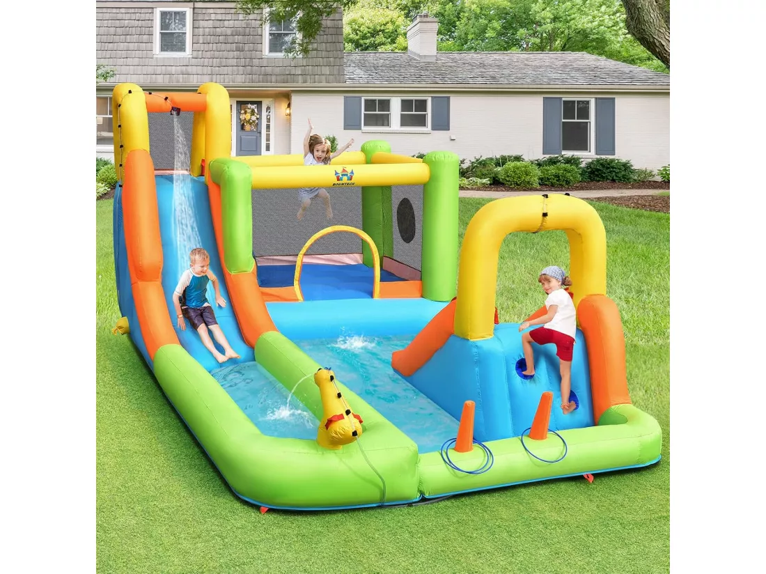 Château Gonflable 8 en 1 avec 2 Toboggans, Parc Aquatique avec Maison de Saut, Mur d'Escalade, Panier de Basket, Sac de Transport, Charge 135kg pour 3 Enfants de 3-10 Ans (Sans souffleur)