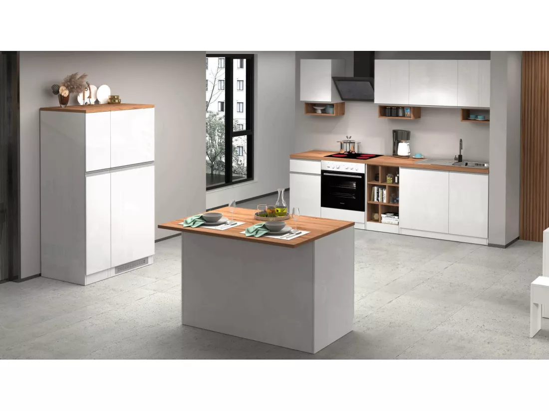 Cuisine complète Daquilant, Ensemble avec garde-manger, Meuble de kitchenette, Kit bloc avec îlot et porte-frigo, 100% Made in Italy, Blanc brillant et chêne